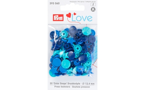 393060 Prym Love Кнопки "Color Snaps" звезда бирюзовая, ярко-синяя, синяя 12,4 мм 30шт.